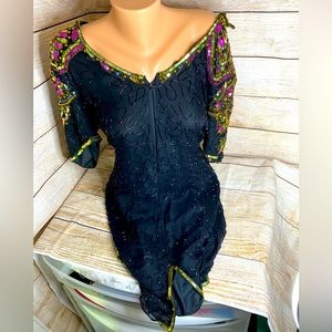 Vintage Dress 80s Sequin Cocktail Evening Party Sequins 100% Silk Women Large